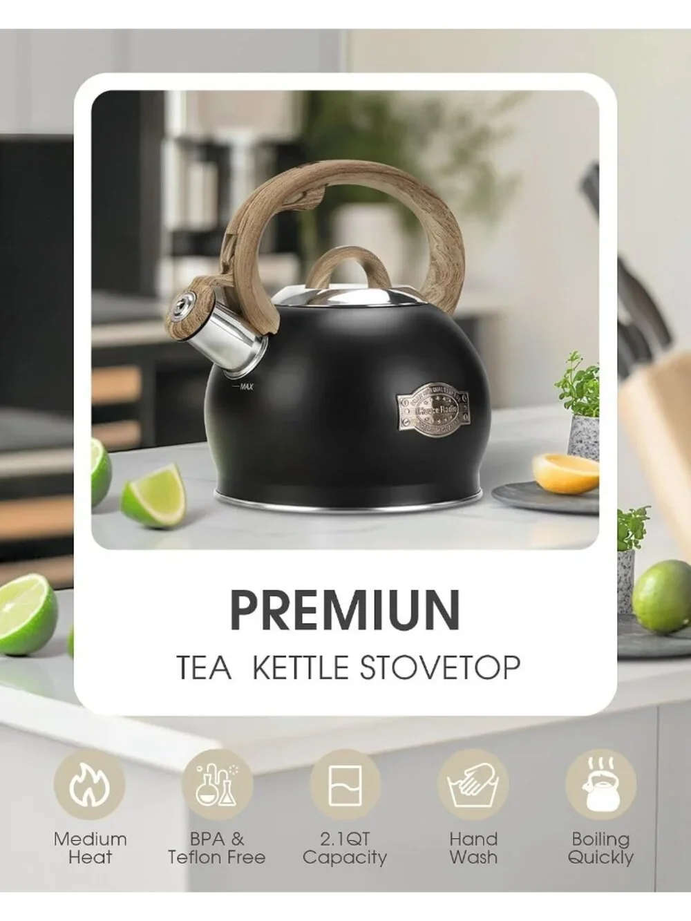 Black Whistling Tea kettle 2.1 Quart Stainless Steel Stovetop with Wood Handle
